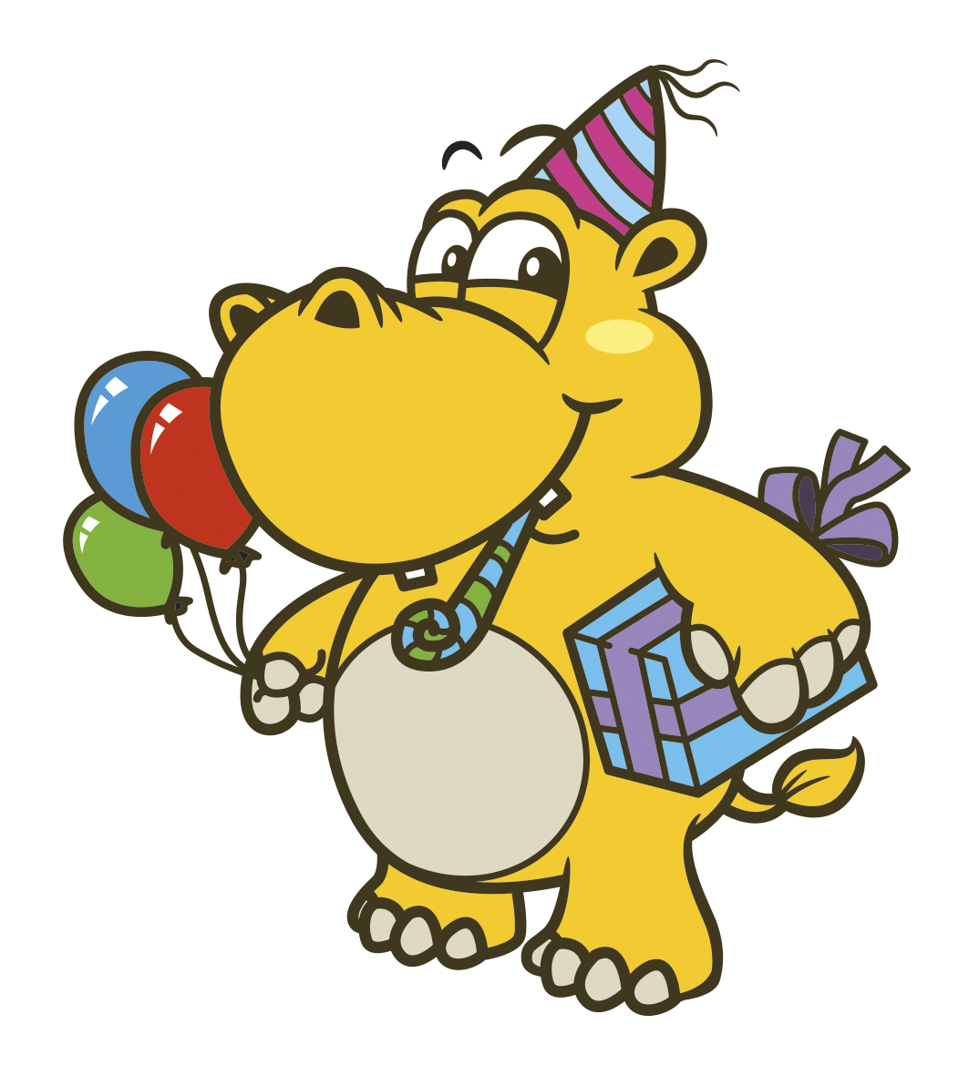 Mascota Hipopótamo Amarillo con globos y regalo